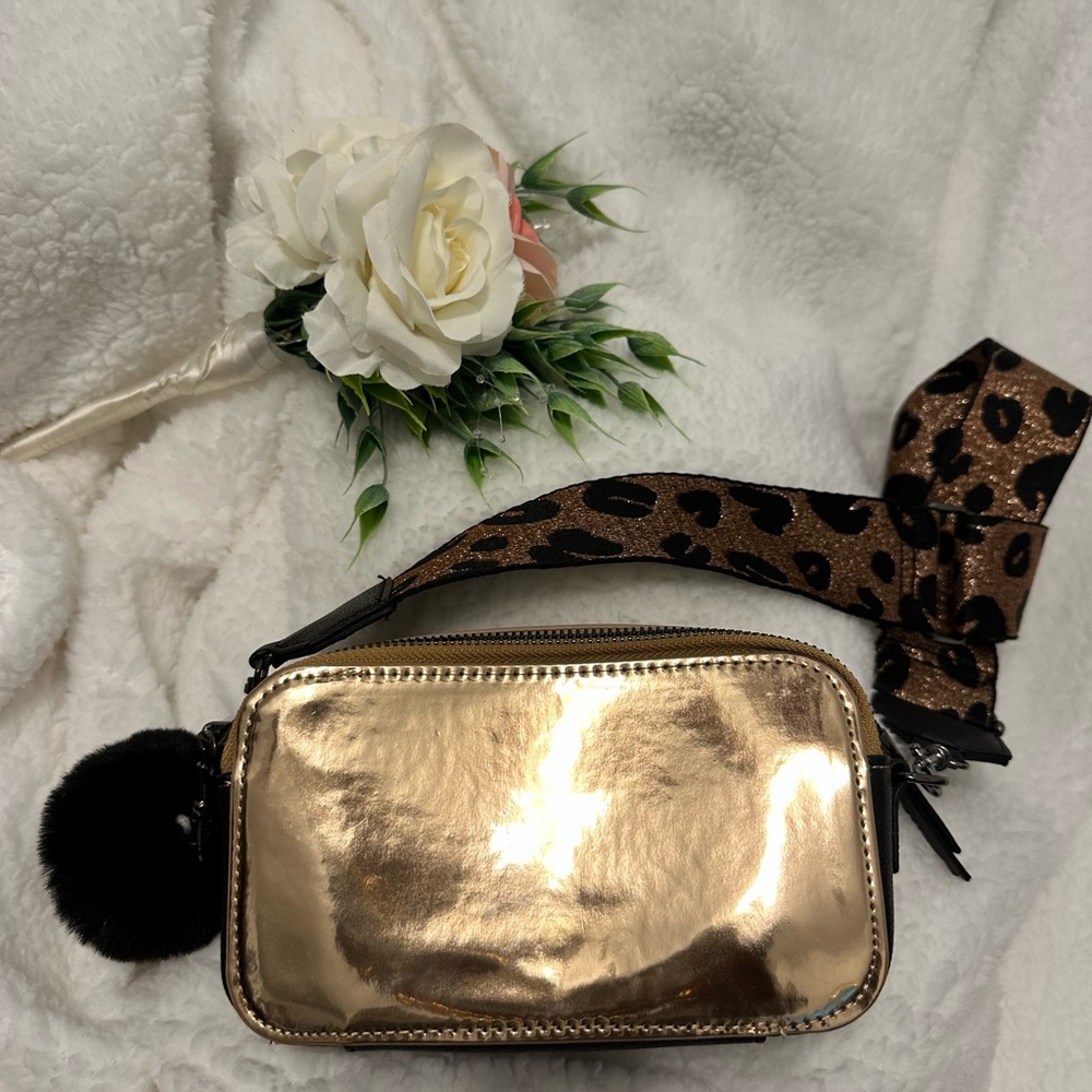 Bronze Crossbody Bag with Leopard Strap